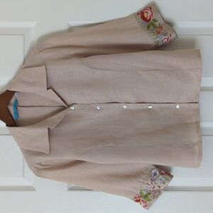 Johnny Was 90's Vintage Floral Embroidered Silk Trim Linen Button Down Top Tan M